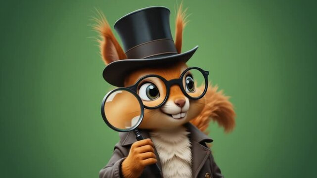 An iconic image of a reddish-brown squirrel wearing glasses, a top hat, and a coat, holding a magnifying glass