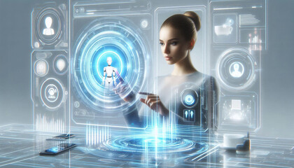 A woman analyzing futuristic holographic graphics