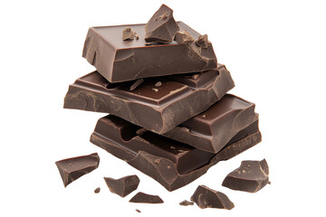 Dark chocolate blocks and bieces isolated on white background