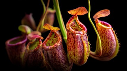 Nepenthes sp: A close up studio image carnivorous pitcher plant tubular traps lid tropical botanical photography.