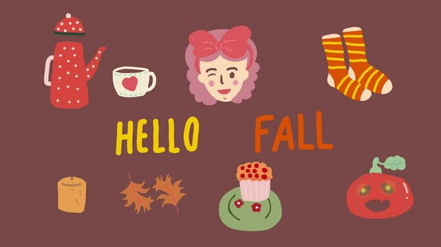 Cute animated cartoon "Hello Fall" elements like tea, socks, cupcake, leaves, and smiling pumpkin
