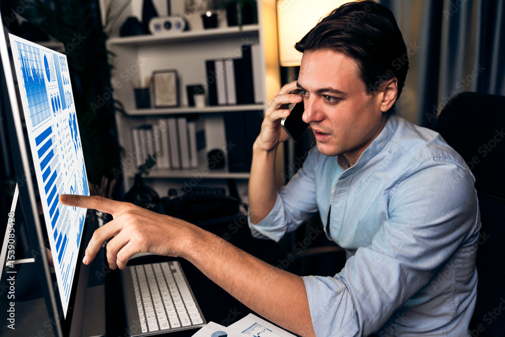 Poster smart businessman calling with smartphone for consulting business paragraph dynamic database marketi
