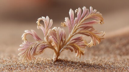 Selaginella lepidophylla: A close up studio image partially unfurled dry curled texture desert sand Chihuahua soft natural lighting.