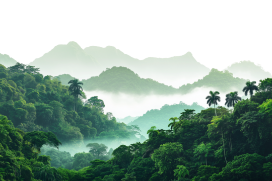 Misty Mountain Landscape with Jungle Vegetation Isolated