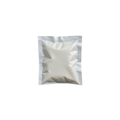 Packaged white powder in sealed silver pouch on a white background for food or cosmetic use