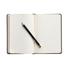 Open Notebook with Blank Pages and Black Pencil on White Background for Creative Inspiration and Note Taking