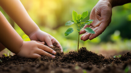 Child planting seedling with adult guiding hands, future generation care
