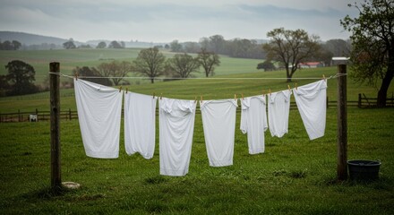 White laundry drying on a clothesline in a green rural landscape  