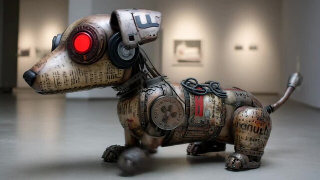 A robotic dog with the shape of a dachshund, made of metal and decorated with musical notation, with red glowing eyes