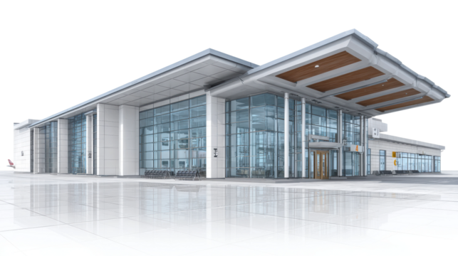 Modern airport terminal urban setting architectural contemporary environment wide angle cut out png