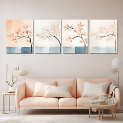 Stylish Living Room Interior with Peach Fuzz Sofa and Elegant Cherry Blossom Multi-Panel Wall Art