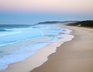 Sunrise beach scene, soft pastel colors. Gentle waves on a sandy shore