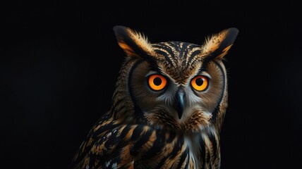 Fototapeta premium Owl with Burning Orange Eyes Glowing in Complete Darkness