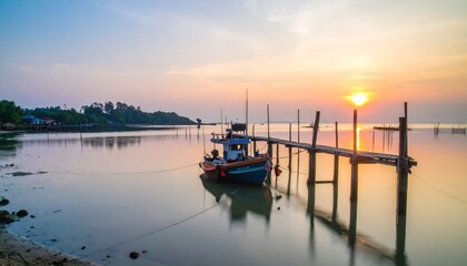 Fototapeta premium Sunrise over a tranquil fishing village harbor. A small fishing boat rests peacefully at a wooden pier, reflecting the golden sunrise on the calm water