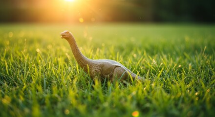 Obraz premium Toy dinosaur figurine standing on grass during sunset 