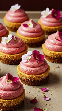 Cascading floral adorned cupcakes showcase with petals falling gracefully