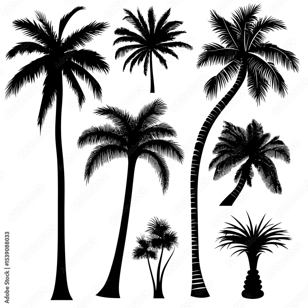 Poster set of black silhouette palm trees with various shapes and sizes isolated on white background tropic