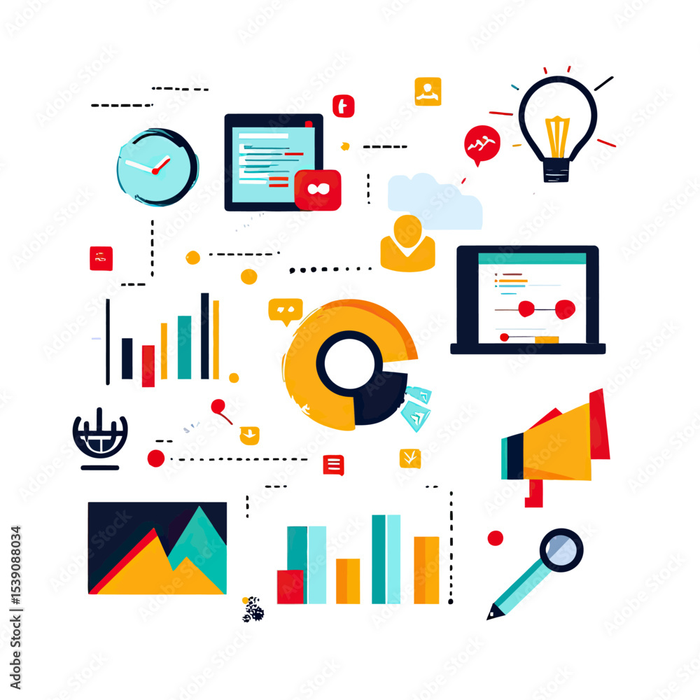 Poster colorful flat vector business marketing infographic elements including charts graphs clock laptop ta