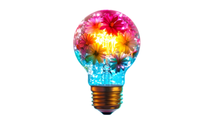 Colorful Glowing Lightbulb with Flowers Inside bright