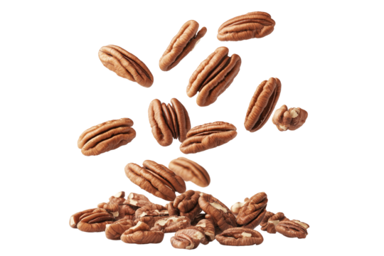 Falling pecans isolated on transparent background
