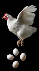 White chicken in mid-flight above four eggs on black background