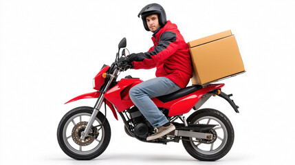 Obraz premium Young caucasian male courier on motorcycle with parcel box delivery service
