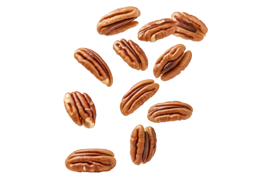Falling pecans isolated on transparent background