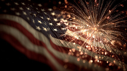 Fireworks bursting over a flag-lined parade route at night. stock image, hd quality,