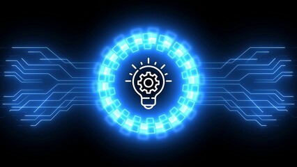 Bulb idea creative innovation and success inspiration hologram symbol appears on a digital background. Network, cyber technology and computer abstract concept.