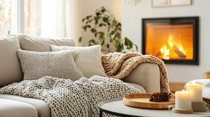 Cozy living room with fireplace and blankets