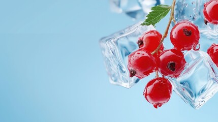 Fresh red berries with ice cubes on blue background