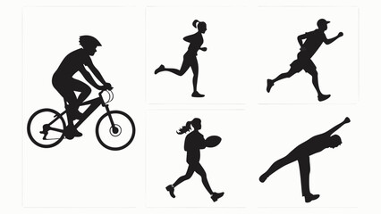 Vector art of silhouettes of athletes cycling running playing football isolated on white
