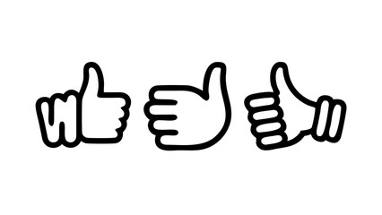 Three thumbs up icons in black outline, symbolizing approval and agreement, isolated on white background for versatile design applications
