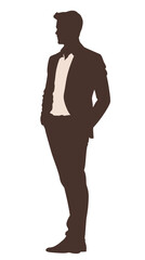 Fototapeta premium Silhouette of standing man in formal suit with hands in pockets looking sideways flat minimalist vector illustration on white background