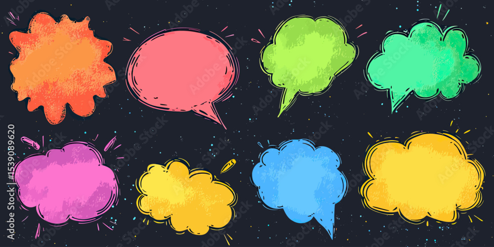 Poster colorful grunge style speech bubble set with rough sketch outlines and vibrant watercolor textures o