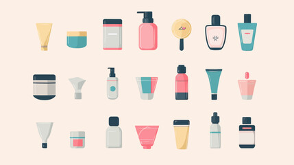 Flat design skin care cosmetic bottles and containers set including lotion, cream, serum, cleanser, moisturizer, and makeup packaging icons vector illustration on beige background
