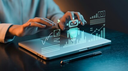 Hands using laptop with futuristic graphics and robotic automation symbol illustration