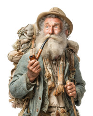 Wandering traveler with pipe forest path portrait rustic environment nomadic spirit cut out png