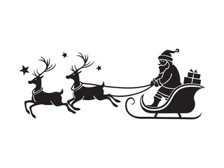 Silhouette of Santa Claus in Sleigh with Reindeer Christmas Holiday Vector Art