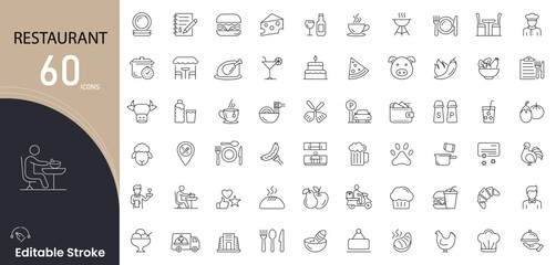 Restaurant related icon collections. Containing food, menu, chef, dining, reservation, cutlery, service, order, table, meal icons. Editable Stroke. 