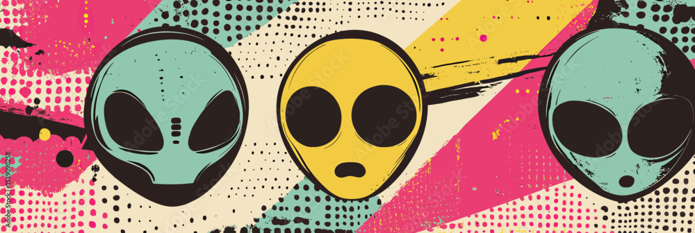 Poster retro pop art style alien faces with halftone dots and colorful abstract background in flat vector d