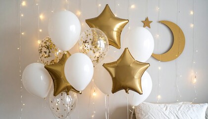 "White and gold star-shaped balloons, moon decals, and twinkling string lights."


