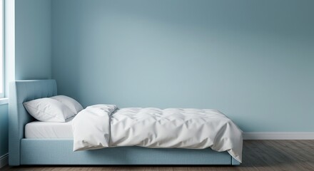 Minimalist Bedroom Interior with a Single Bed and Pastel Blue Walls – Simple and Calm Living Space.
