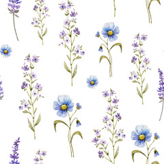 Seamless pattern with watercolor wildflowers in blue and purple tones on a white background. Suitable for textiles, wallpaper, scrapbooking.