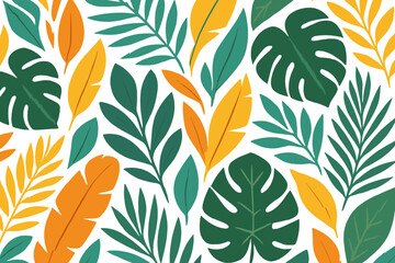 A tropical setting featuring exotic leaves set against a green backdrop, presented in a vector botanical design