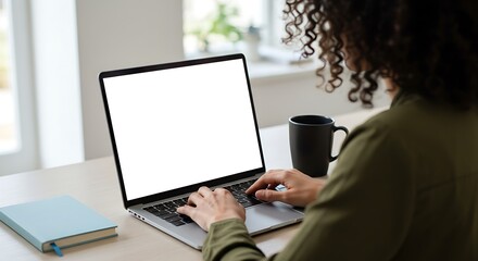 Focused African American female entrepreneur working on a laptop with a blank mock-up screen, seen from over the shoulder, sitting at a desk in a bright, modern workspace.