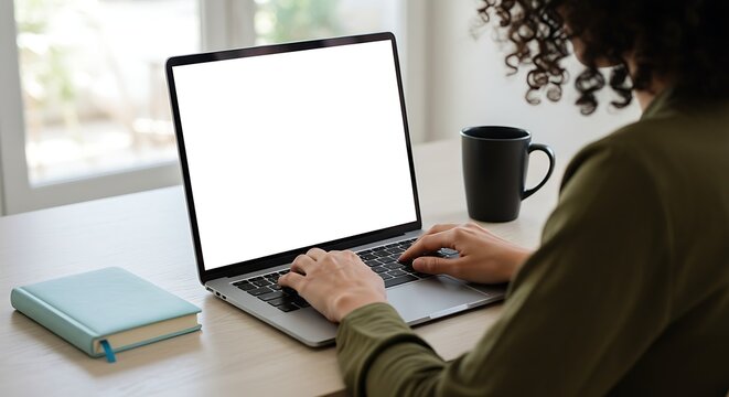 African American woman working remotely from home, focused on a laptop with a blank white display for mock-up, concept of hybrid work, online education, and digital courses.