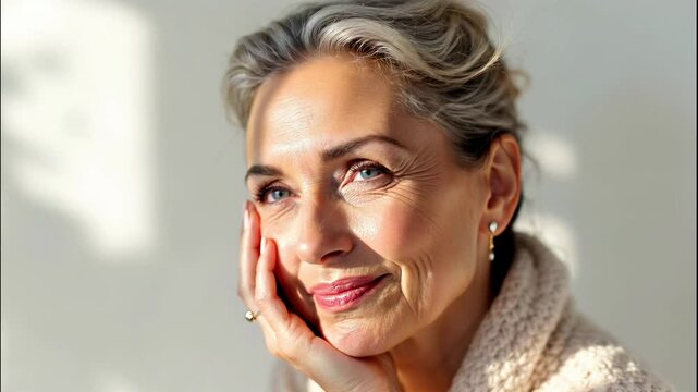 Smiling Caucasian woman in sunlight video. Beautiful mature model with grey hair portrait footage clip for skin care products, cosmetics, spa salon advert, lifestyle