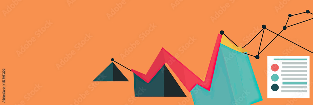 Poster abstract business data visualization with colorful geometric charts and connected black nodes on ora