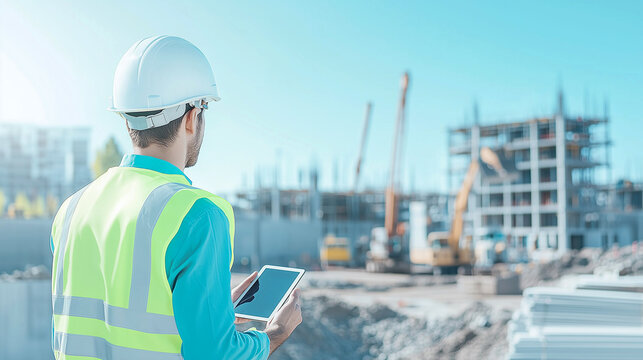 Construction engineer with tablet at busy building site in daylight pastel color - Powered by Adobe